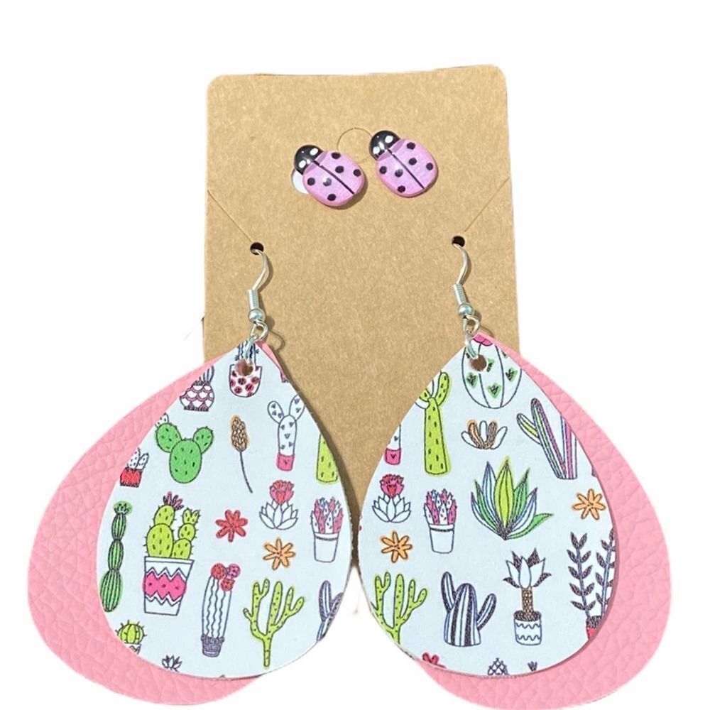 Women's Lady Bug Studs Succulent Cactus Plant‎ Dangle Earrings Set Pink White